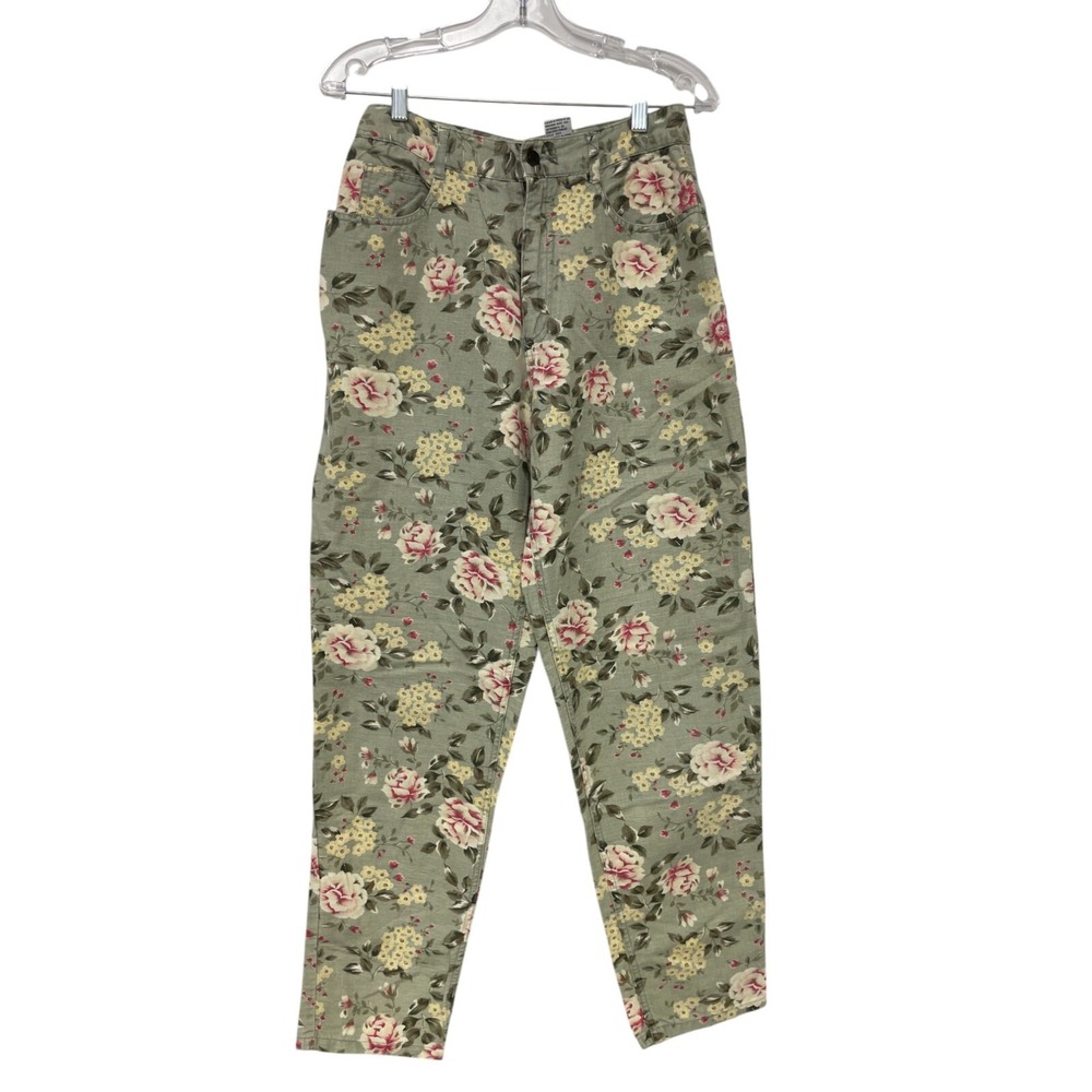 Talbots Green Floral All Over Print Ankle Pants Womens 8 Linen Blend Gardencore